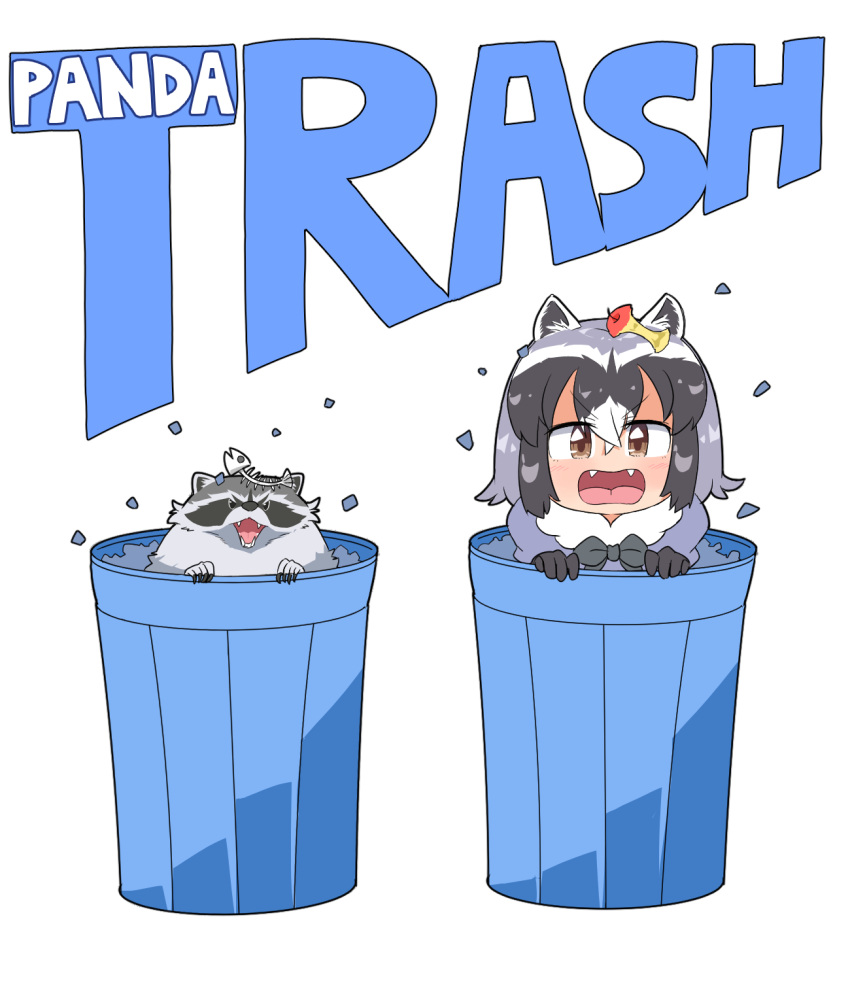 1girl animal_ears black_hair bow bowtie common_raccoon_(kemono_friends) creature_and_personification english_text fangs fish_bone fur_collar grey_hair highres in_trash_can kemono_friends multicolored_hair open_mouth raccoon raccoon_ears short_hair umikaze_shuu