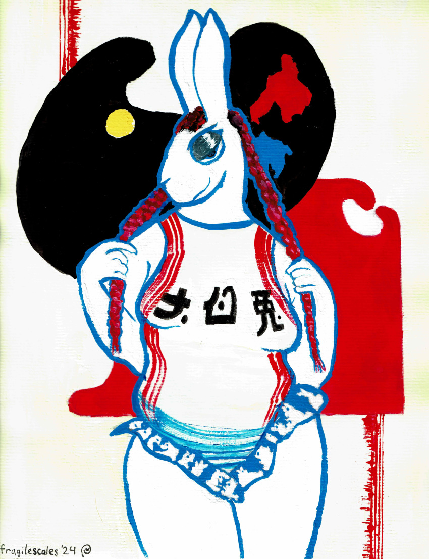 absurd_res anthro bodysuit braided_hair chinese_text clothing ears_up eyeshadow female fragilescales frilly hair half-closed_eyes hi_res holding_hair lagomorph leporid makeup mammal narrowed_eyes painting_(artwork) rabbit skinsuit solo text tight_clothing touching_hair traditional_media_(artwork) watercolor_(artwork) white_rabbit_(candy)