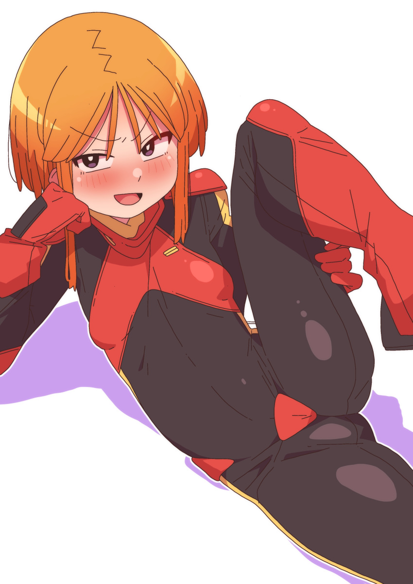 absurdres ass_visible_through_thighs black_bodysuit blush bodysuit bright_pupils eyebrows_hidden_by_hair gloves gundam gundam_zz hand_on_own_face highres leg_lift looking_at_viewer onimaru_(onimal7802) open_mouth orange_hair pilot_suit purple_eyes puru_two red_gloves shadow short_hair sidelocks simple_background smile white_background white_pupils