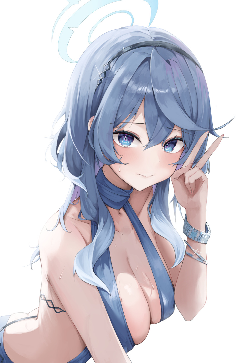 absurdres ako_(blue_archive) ako_(dress)_(blue_archive) black_hairband blue_archive blue_dress blue_eyes blue_hair blue_halo bracelet breasts closed_mouth collarbone dress hairband halo highres hikimori_1 jewelry large_breasts light_blush long_hair looking_at_viewer sidelocks simple_background smile sweat sweatdrop upper_body v white_background