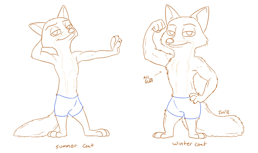 2016 anthro barefoot canine clothed clothing comparison disney english_text flexing fluffy fox half-closed_eyes hand_behind_head hand_on_hip looking_at_viewer male mammal nick_wilde signature simple_background smile solo standing text tggeko topless white_background zootopia