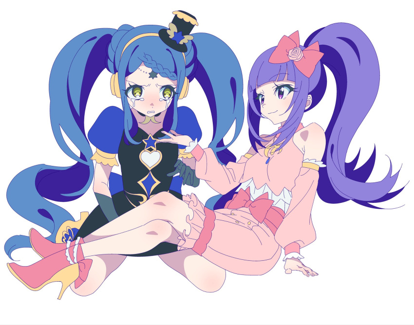 2girls anchiki_shou archived_source bad_id bad_twitter_id black_dress black_gloves blue_hair blunt_bangs blush bow braid braided_bangs closed_mouth crossed_legs crying crying_with_eyes_open detached_sleeves dress full_body garara_s_leep gloves hair_bow hanazono_shuka hat head_chain headphones high_heels highres idol_clothes idol_time_pripara long_hair looking_at_another mini_hat mini_top_hat multiple_girls open_mouth pink_bow pink_footwear pink_shirt pink_skirt ponytail pretty_series pripara puffy_short_sleeves puffy_sleeves purple_eyes purple_hair shirt short_sleeves simple_background sitting skirt smile symbol-shaped_pupils tears top_hat twintails very_long_hair white_background yellow_eyes