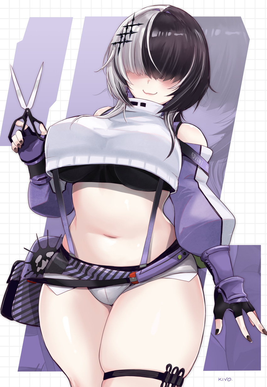 1girl absurdres bare_shoulders black_gloves black_hair black_nails black_sports_bra closed_mouth cosplay cowboy_shot crop_top detached_sleeves elegg_(nikke) english_commentary fingerless_gloves fingernails gloves goddess_of_victory:_nikke grey_shorts grey_skirt hair_over_eyes hand_up highres holding holding_scissors hololive hololive_english kivo medium_hair micro_shorts multicolored_hair nail_polish navel plump scissors shiori_novella shorts skirt smile solo split-color_hair sports_bra stomach streaked_hair virtual_youtuber white_hair zoom_layer