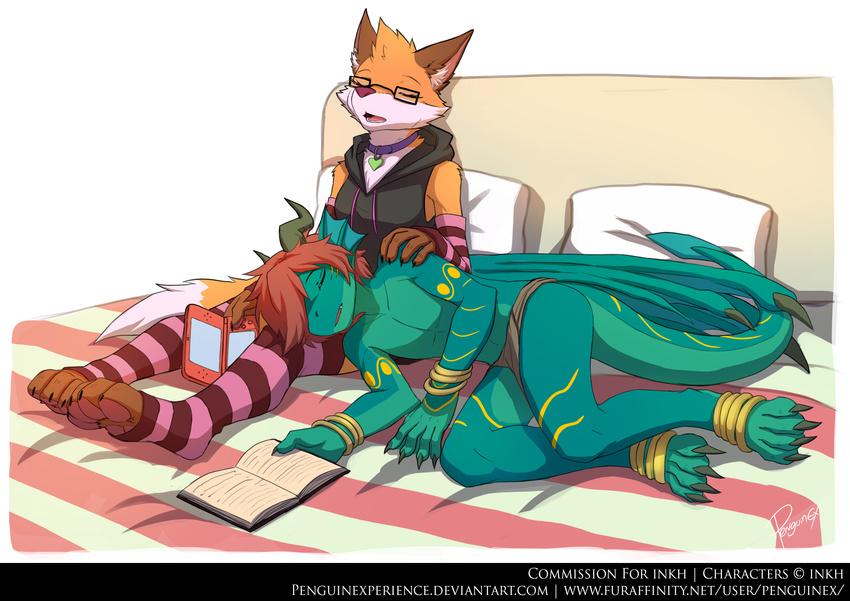 3ds anklet bangle bed book canine claws clothing collar couples demon dragon eyewear female fox glasses horn incubus inkh jewelry loincloth male mammal nintendo pandora's_fox paws penguinex scalie sleeping snaggletooth striped_thighhighs video_games webbing