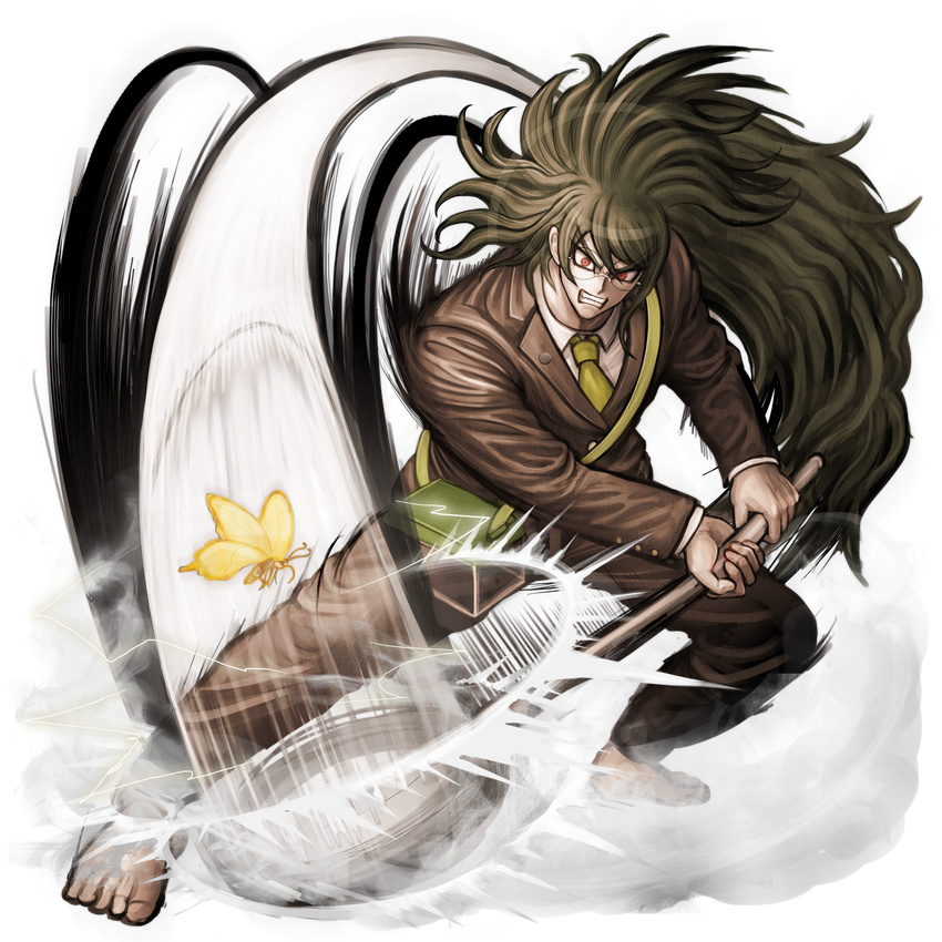 barefoot blazer brown_hair bug butterfly butterfly_net danganronpa full_body glasses gokuhara_gonta hand_net highres holding insect insect_cage jacket komatsuzaki_rui long_hair male_focus necktie new_danganronpa_v3 official_art red_eyes round_eyewear school_uniform solo teeth transparent_background