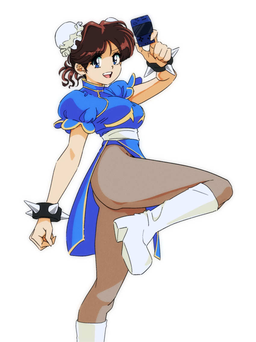 1girl absurdres blue_dress blue_eyes bracelet breasts brown_hair bun_cover china_dress chinese_clothes chun-li chun-li_(cosplay) cosplay double_bun dress hair_bun highres jewelry leg_up looking_at_viewer medium_breasts original pantyhose samoto_mitsukuni smile solo spiked_bracelet spikes street_fighter