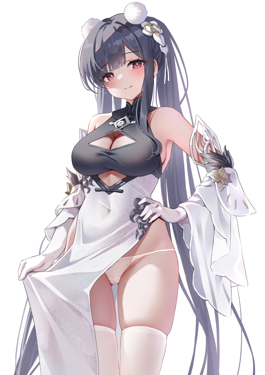 1girl absurdly_long_hair absurdres azur_lane bare_shoulders blush breasts china_dress chinese_clothes classic_(zildjian33) cleavage cleavage_cutout closed_mouth clothes_grab clothing_cutout commentary_request covered_navel cutout_above_navel detached_sleeves dress fanbox_reward gloves hair_ornament hand_on_own_hip highres large_breasts long_hair looking_at_viewer no_panties non-web_source paid_reward pelvic_curtain peter_strasser_(azur_lane) peter_strasser_(lustrous_jade_of_the_golden_house)_(azur_lane) pom_pom_(clothes) pom_pom_hair_ornament red_eyes simple_background smile solo thighhighs thighs twintails very_long_hair white_background white_gloves white_thighhighs wide_sleeves