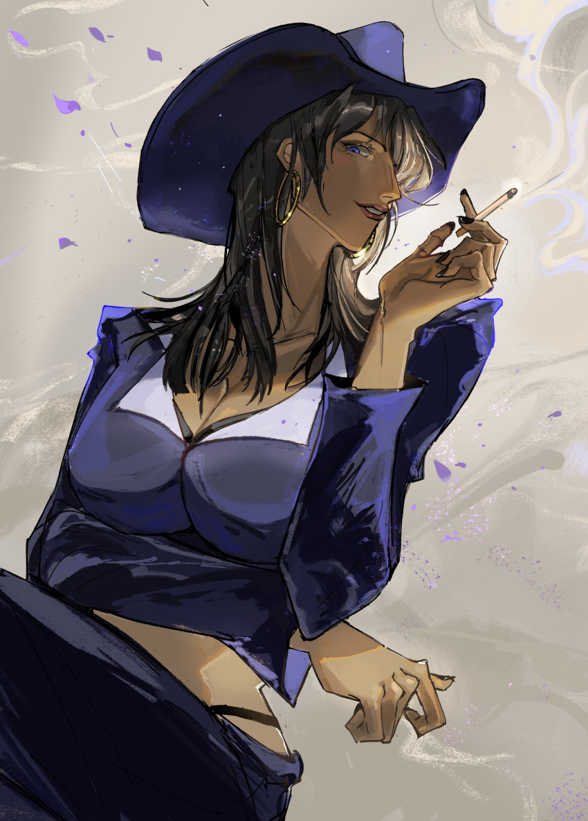 1girl absurdres avenoirn black_hair black_nails blue_eyes blunt_bangs cigarette commentary cowboy_hat earrings english_commentary hat highres holding holding_cigarette hoop_earrings jewelry long_hair nail_polish nico_robin official_alternate_costume one_piece purple_hat smile solo teeth