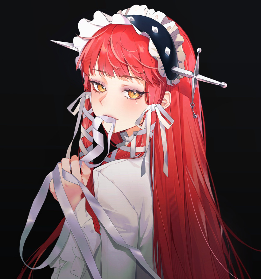 1girl black_background blunt_bangs blush commentary dress frilled_hairband frills from_behind hair_ornament hair_ribbon hairband highres holding holding_ribbon long_hair long_sleeves looking_at_viewer looking_back looking_to_the_side mouth_hold persona persona_3 persona_3_reload red_hair ribbon ribbon_in_mouth sidelocks solo upper_body white_dress white_ribbon xeratonin yellow_eyes yoshino_chidori