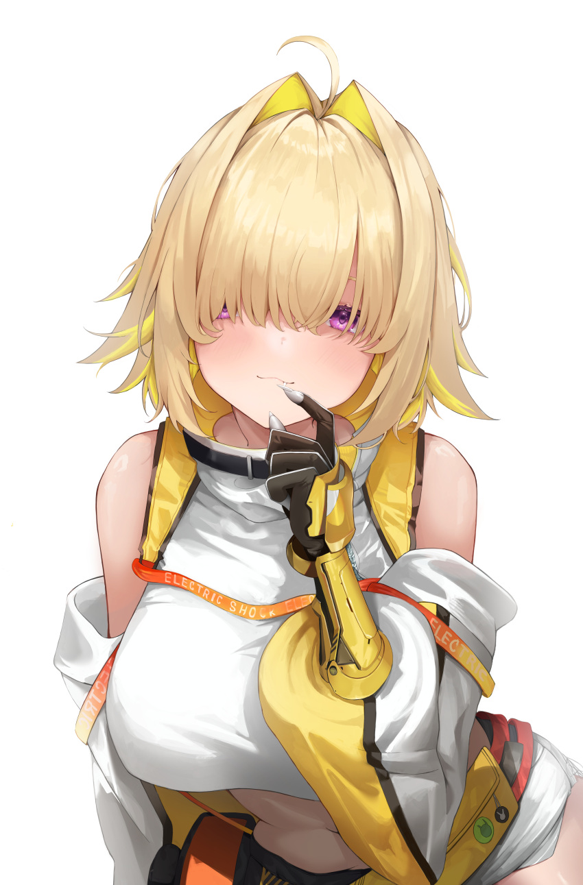 1girl absurdres blonde_hair breasts clothing_cutout crop_top crop_top_overhang cropped_sweater elegg_(nikke) exposed_pocket gloves goddess_of_victory:_nikke grey_shorts hair_intakes hair_over_eyes highres hikimori_1 large_breasts long_bangs micro_shorts multicolored_clothes multicolored_gloves plump purple_eyes shorts shoulder_cutout simple_background solo suspender_shorts suspenders upper_body white_background yellow_gloves