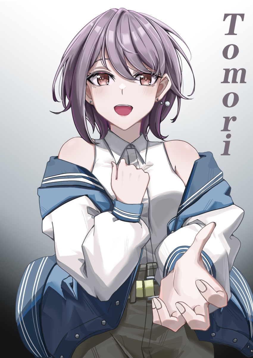 1girl absurdres bang_dream! bang_dream!_it's_mygo!!!!! blue_jacket brown_eyes brown_pants character_name chinese_commentary collared_shirt commentary_request earrings gradient_background grey_background highres jacket jewelry looking_at_viewer off_shoulder open_mouth pants purple_hair reaching reaching_towards_viewer shirt short_hair sleeveless sleeveless_shirt smile solo takamatsu_tomori white_background white_shirt yuko_(user_uuju2584)