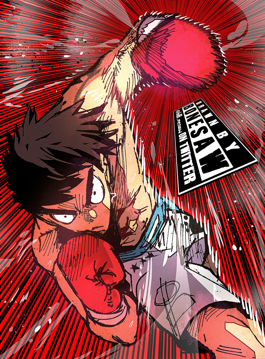 1boy absurdres arm_up artist_name bonesaw_(artist) boxer boxing boxing_gloves boxing_shorts brown_hair closed_mouth gloves hajime_no_ippo hand_up highres imminent_punch looking_at_viewer makunouchi_ippo male_focus muscular muscular_male red_background red_gloves serious short_hair shorts small_pupils solo speed_lines spiked_hair sweat topless_male twitter_username v-shaped_eyebrows white_shorts wide-eyed