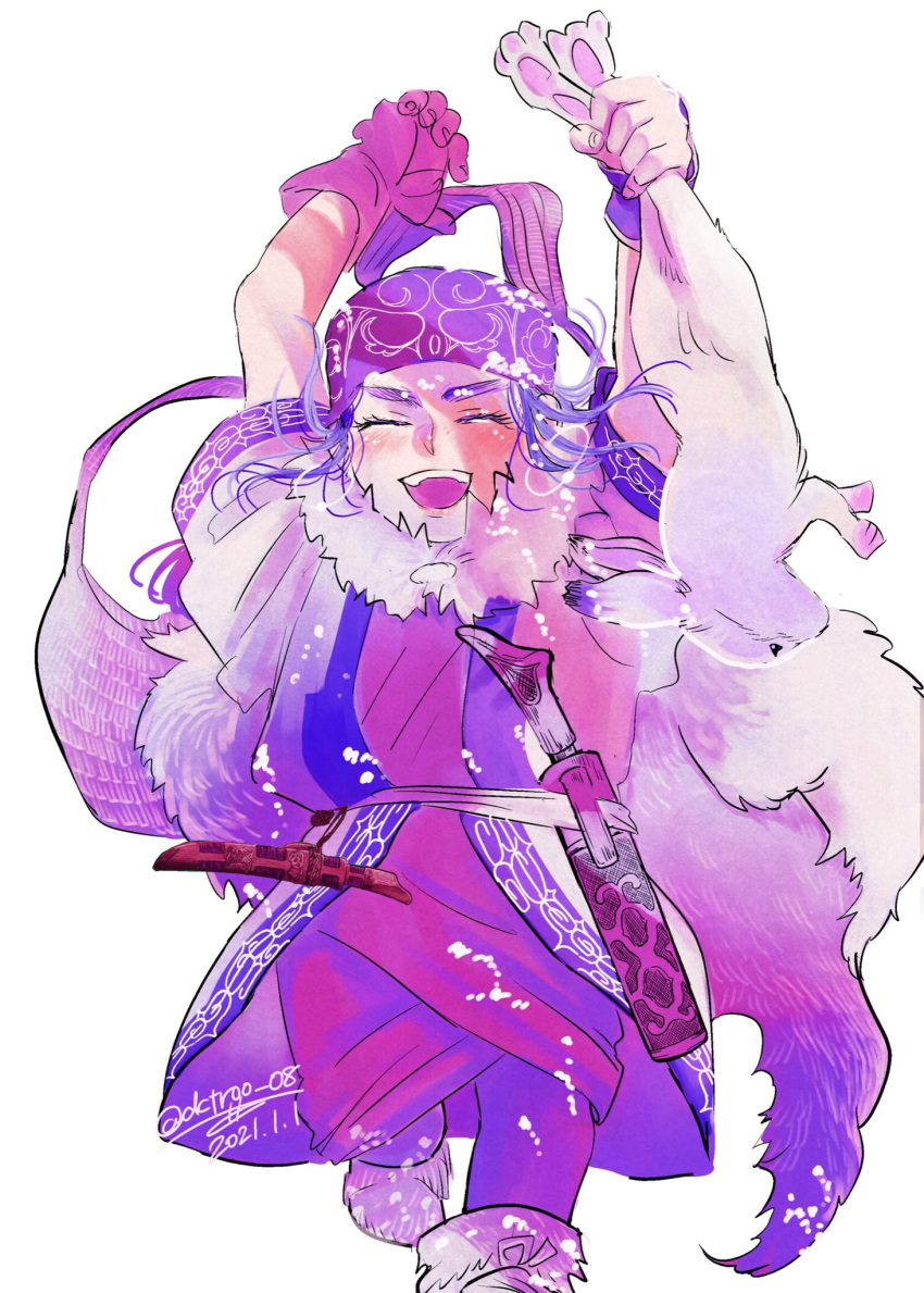 1girl 2021 ^_^ ainu ainu_clothes animal arms_up asirpa cloak closed_eyes commentary_request dated dctroo_08 earrings floating_hair golden_kamuy happy headband highres holding holding_animal holding_rabbit hoop_earrings jewelry purple_theme rabbit simple_background solo thick_eyebrows white_background