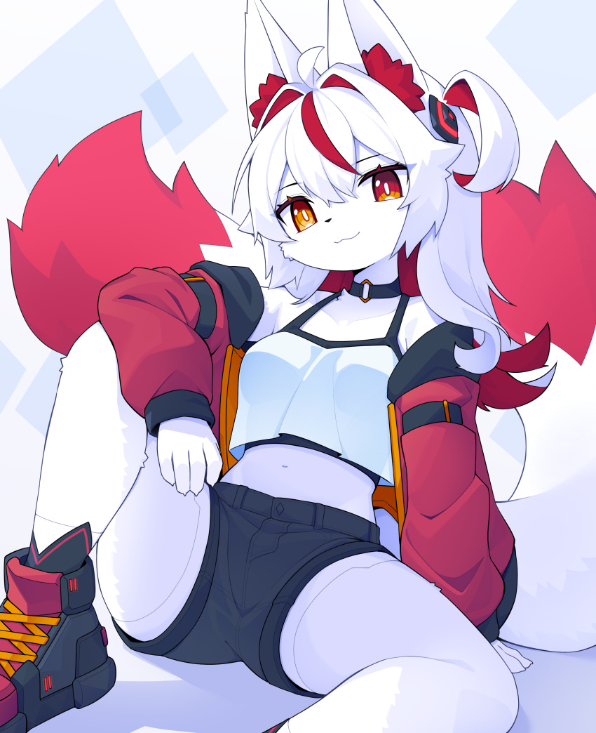 2024 absurd_res ahoge anthro bottomwear breasts canid canine choker clothed clothing devil-vox digital_media_(artwork) dipstick_tail female female_anthro fox fur hair heterochromia hi_res hotpants jewelry kemono knia_(devil-vox) long_hair looking_at_viewer mammal markings midriff necklace red_body red_eyes red_fur red_hair shorts solo spread_legs spreading tail tail_markings white_body white_fur white_hair yellow_eyes