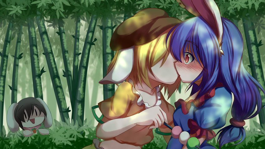 absurdres animal_ears bamboo bamboo_forest blue_dress blue_hair blush brown_hat bunny_ears bunny_tail carrot_necklace dango dior-zi dress ear_clip flat_cap floppy_ears food forest grass hat highres inaba_tewi jewelry kiss long_hair moon_rabbit multiple_girls nature nightcap orange_shirt pendant pink_dress ringo_(touhou) seiran_(touhou) shirt short_hair short_sleeves shorts tail touhou tree wagashi yuri