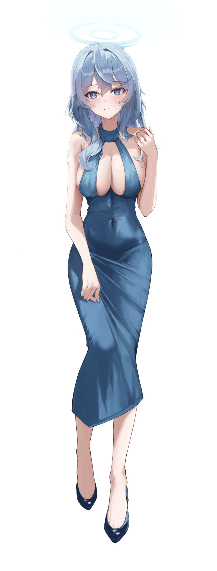 1girl absurdres ako_(blue_archive) ako_(dress)_(blue_archive) blue_archive blue_dress blue_eyes blue_footwear blue_hair blue_halo breasts cleavage closed_mouth covered_navel dress full_body halo high_heels highres hikimori_1 large_breasts long_hair looking_at_viewer simple_background solo standing white_background