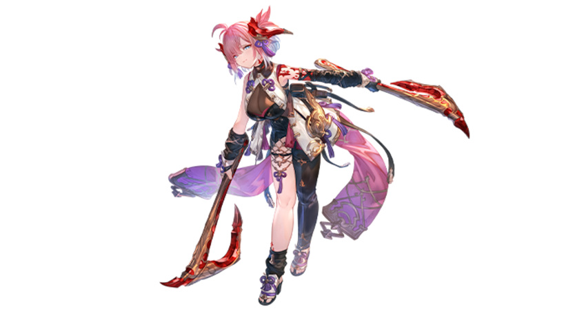 1girl animal_ears asymmetrical_clothes axe black_bodysuit blue_eyes bodysuit breasts chichiri cleavage cow_ears draph dual_wielding elbow_gloves gloves granblue_fantasy hair_over_one_eye highres holding holding_axe holding_weapon horns large_breasts looking_at_viewer minaba_hideo official_art pink_hair pointy_ears simple_background single_pantsleg skin_tight smile solo weapon