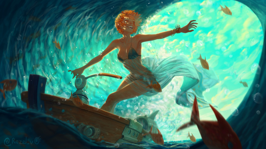 1girl absurdres aqua_background aqua_bikini bikini breasts day feet_out_of_frame fish happy highres inktober leaning_forward log_pose looking_to_the_side medium_breasts motion_blur nami_(one_piece) one_piece open_mouth outstretched_arms razel_v0 scenery sky smile solo surfing swimsuit