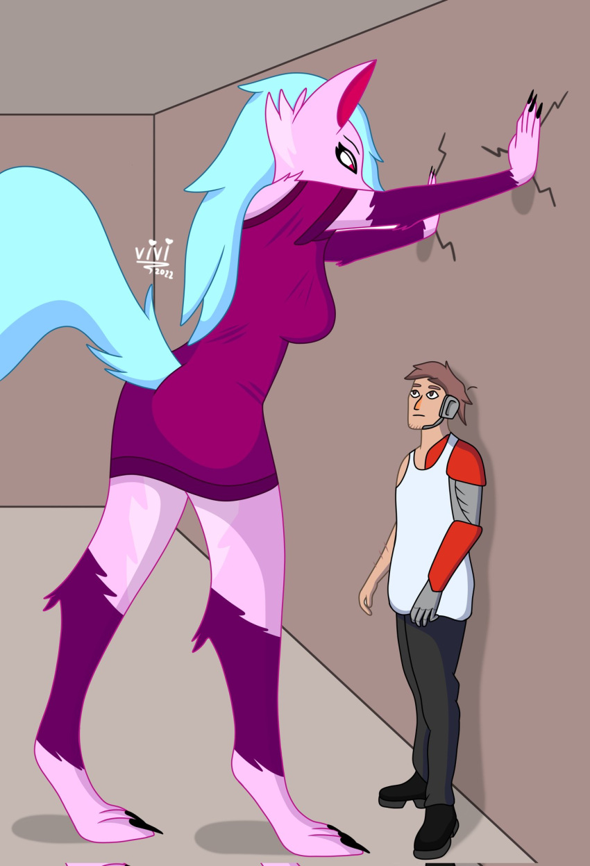 anthro blue_hair bottomwear breasts brown_hair canid canine clothing duo female hair hi_res human larger_female male mammal pants pink_body red_eyes robotic_arm shirt size_difference smaller_male tail topwear vivzlover wall_(structure)
