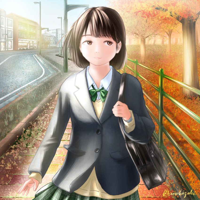 autumn autumn_leaves bag blazer bow brown_eyes brown_hair day green_bow green_skirt highres hinokizaki jacket lamppost light_smile looking_away looking_to_the_side original outdoors plaid plaid_skirt railing road school_bag school_uniform sett sidewalk sideways_glance skirt solo sweater town tree twitter_username