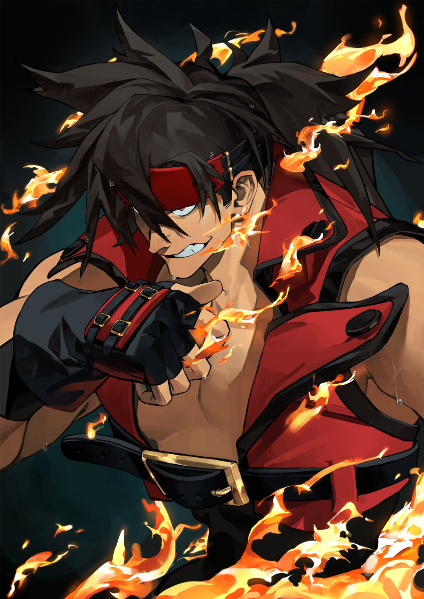 1boy bare_shoulders belt black_gloves black_hair collared_vest fingerless_gloves fire gloves guilty_gear headband high_collar highres ponytail red_eyes red_headband red_vest sinnbunn smirk sol_badguy solo spiked_hair vest