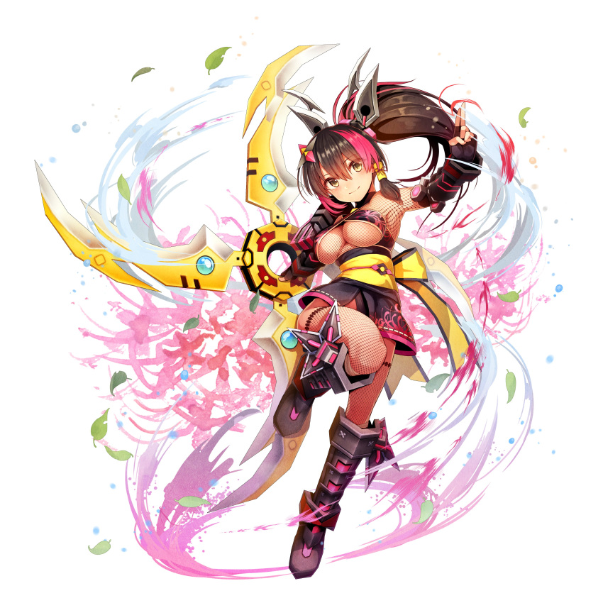 1girl absurdres artist_request black_hair breasts brown_hair cosmic_break fingerless_gloves gloves hand_up high_ponytail highres japanese_clothes kuji-in large_breasts leg_armor leg_up long_hair looking_at_viewer multicolored_hair ninja obi official_art red_hair sash standing standing_on_one_leg streaked_hair tsukikage_momiji tsukikage_momiji_sen yellow_eyes