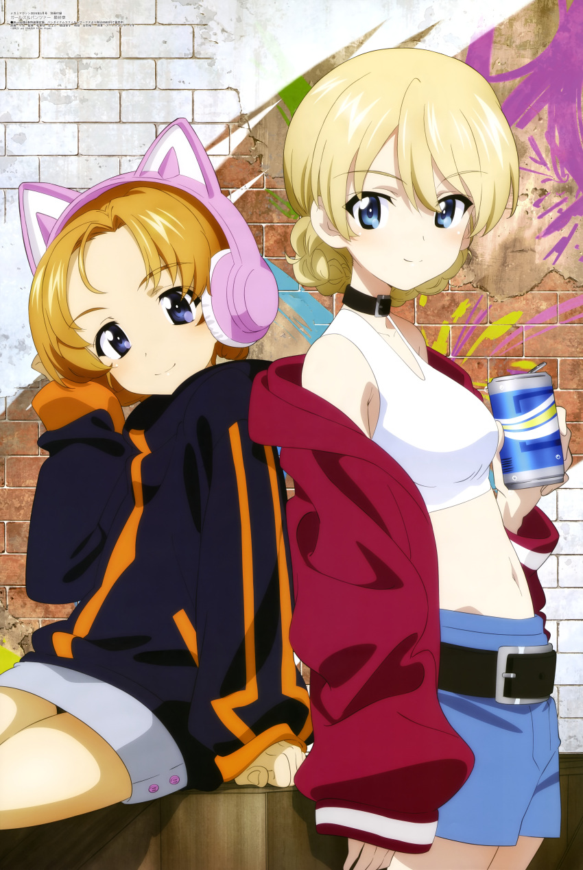 2girls absurdres animal_ears arm_at_side black_choker black_coat blonde_hair blue_eyes blue_pants braid breasts brick_wall can cat_ears choker closed_mouth coat darjeeling_(girls_und_panzer) drink_can girls_und_panzer hair_between_eyes headphones highres holding holding_can long_sleeves looking_at_viewer magazine_scan medium_breasts megami_magazine multiple_girls navel official_art orange_hair orange_pekoe_(girls_und_panzer) pants parted_bangs purple_eyes red_coat scan shirt short_hair sitting smile standing white_shirt