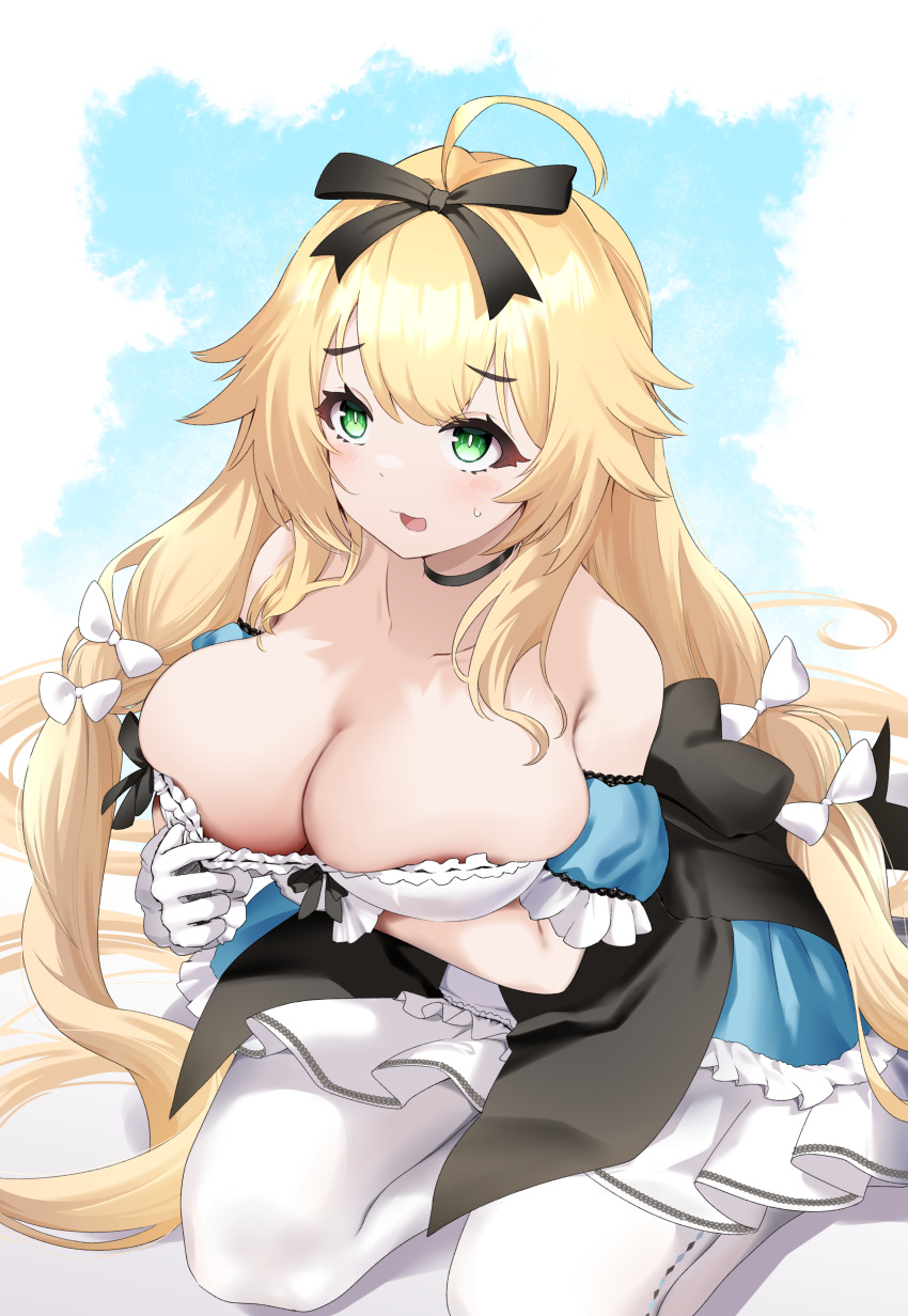 absurdres ahoge arm_under_breasts azur_lane bare_shoulders black_choker blonde_hair blue_dress braid breasts choker cleavage dress gloves green_eyes hair_ribbon highres kneeling large_breasts layered_skirt le_temeraire_(azur_lane) le_temeraire_(muse)_(azur_lane) long_hair low_neckline low_twin_braids official_alternate_costume pantyhose red_ribbon ribbon skirt strapless strapless_dress twin_braids white_background white_dress white_gloves white_pantyhose winterfall_(artenh)