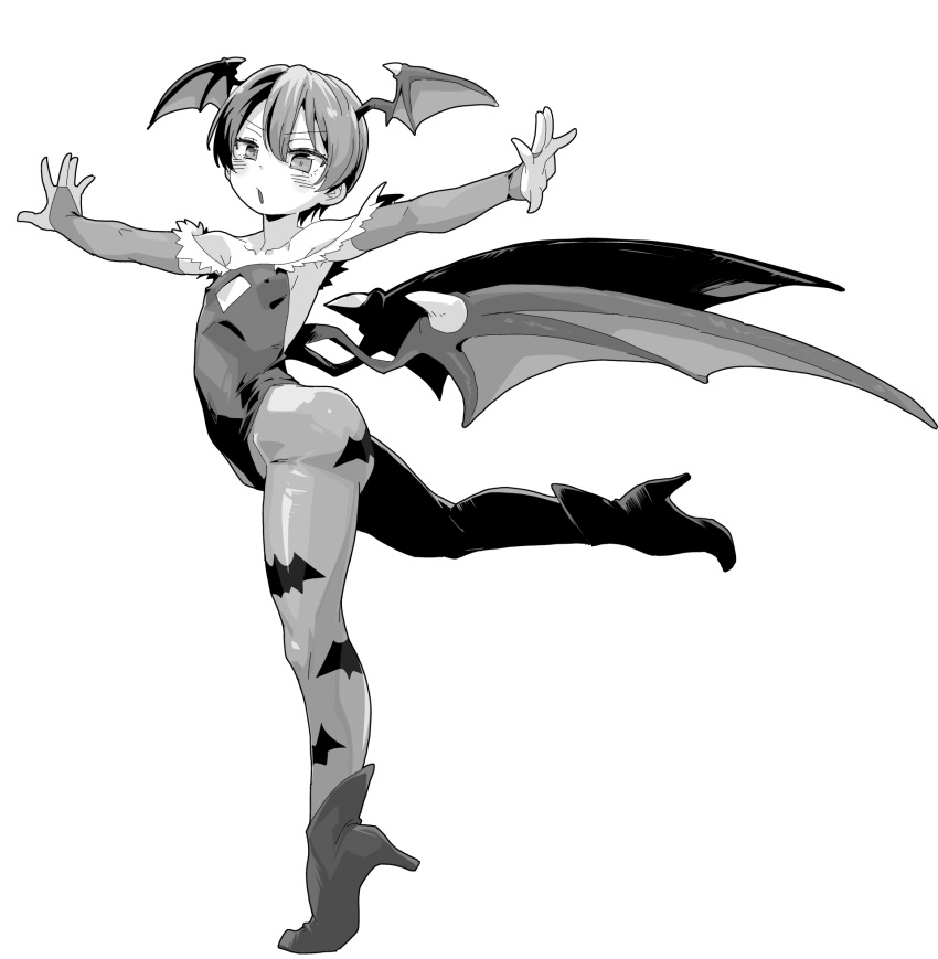 1girl animal_print bare_shoulders bat_print bat_wings bridal_gauntlets capcom clutch_shot_king demon_girl demon_wings diamond_cutout flat_chest greyscale head_wings highres leotard lilith_aensland low_wings monochrome pantyhose print_pantyhose shirt short_hair solo the_king_neet vampire_(game) white_shirt wings