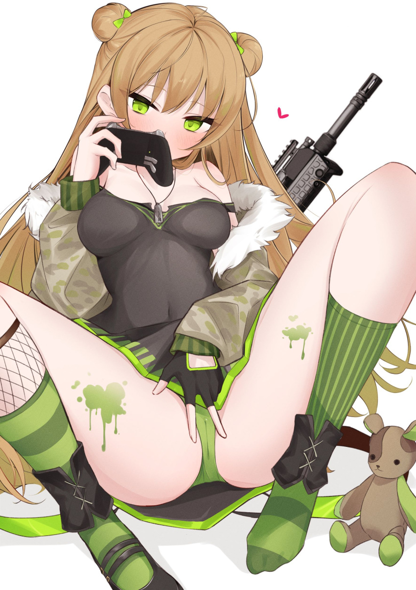 1girl absurdres asymmetrical_legwear bare_shoulders blush breasts cameltoe camouflage camouflage_jacket controller covered_navel crotch double_bun full_body game_controller gamepad girls'_frontline green_eyes green_panties gun hair_bun highres jacket long_hair ohichi16 panties rfb_(girls'_frontline) solo spread_legs underwear weapon xbox_controller