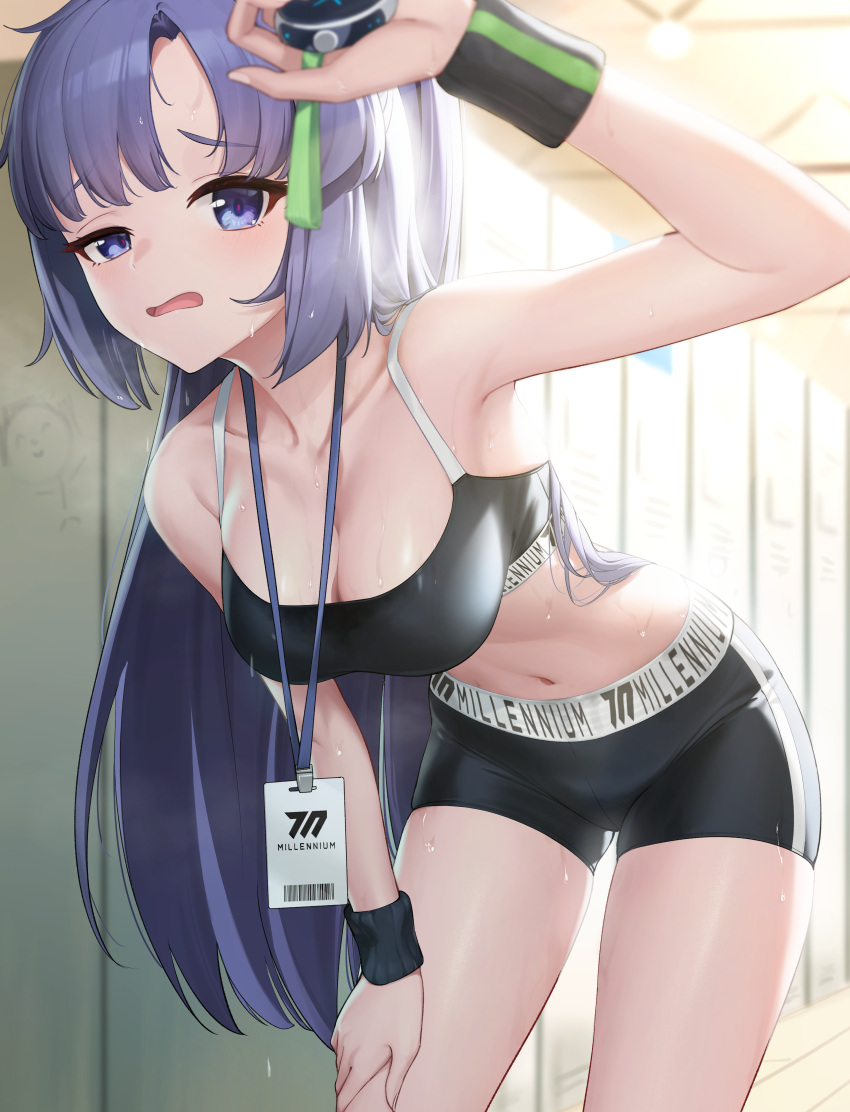 1girl absurdres alternate_costume bare_arms bare_shoulders bent_over bike_shorts black_shorts black_sports_bra blue_archive blush breasts highres id_card indoors lanyard large_breasts locker locker_room long_hair looking_at_viewer midriff navel pjman ponytail purple_eyes purple_hair shorts solo sports_bra sportswear standing steaming_body sweat sweatband two-tone_sports_bra yuuka_(blue_archive)