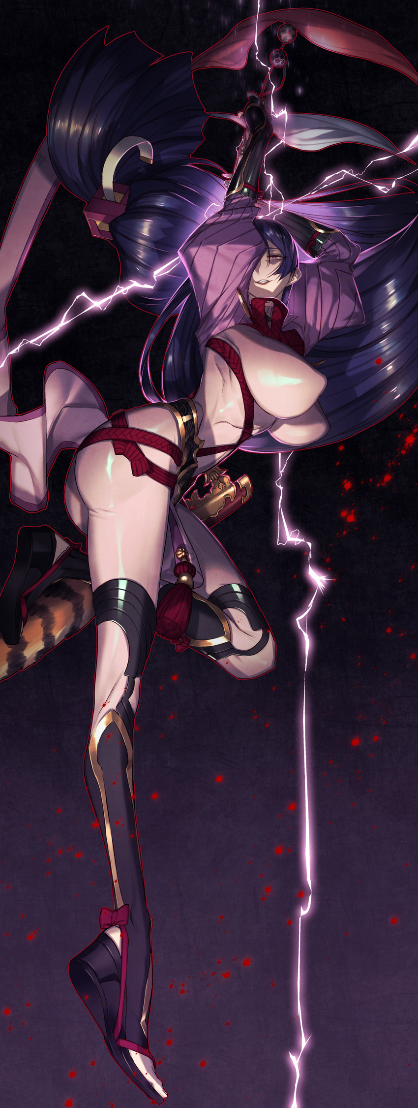 absurdres arm_guards ass bodystocking breasts commentary_request covered_nipples dark_background evil_smile fate/grand_order fate_(series) glowing glowing_eyes highres large_breasts long_hair looking_at_viewer minamoto_no_raikou_(fate/grand_order) purple_hair rokuji scabbard sheath smile solo very_long_hair wedge_heels