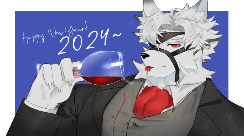 1boy 2024 animal_ears ascot black_suit blue_background claws colored_tips cup drink drinking_glass eyepatch furry furry_male grey_vest happy_new_year highres holding holding_cup holding_drink jujurlyreckless looking_at_viewer male_focus multicolored_hair one_eye_covered red_ascot red_eyes red_wine saliva saliva_trail shirt spilling suit tongue tongue_out upper_body vest von_lycaon white_shirt wine_glass wolf_boy wolf_ears zenless_zone_zero