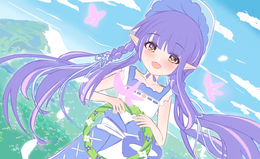 1girl absurdres blue_sky cloud day elf flower grass hair_ribbon highres kyouka_(princess_connect!) landscape lemonztea long_hair looking_at_viewer mountain nature open_mouth outdoors petals pointy_ears princess_connect! purple_hair ribbon scenery skirt sky solo spring_(season) twintails very_long_hair