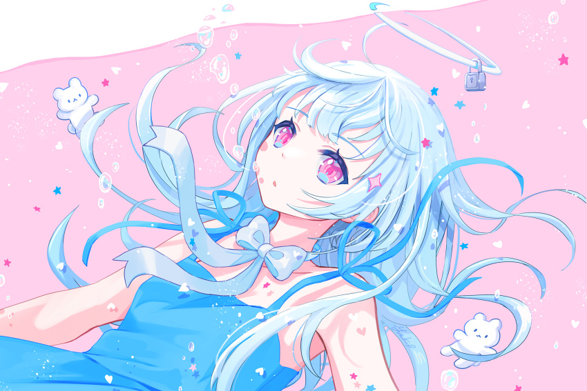 1girl :o air_bubble bear blue_bow blue_bowtie blue_dress blue_hair blue_halo bow bowtie bubble chibi collarbone dress floating floating_hair halo heart highres light_blue_hair lock long_hair looking_at_viewer original outstretched_arms padlock pastel_colors pinafore_dress pink_background pink_eyes sidelocks signature simple_background sleeveless sleeveless_dress sparkle_hair_ornament star_(symbol) tareme two-tone_background white_background yutukicom