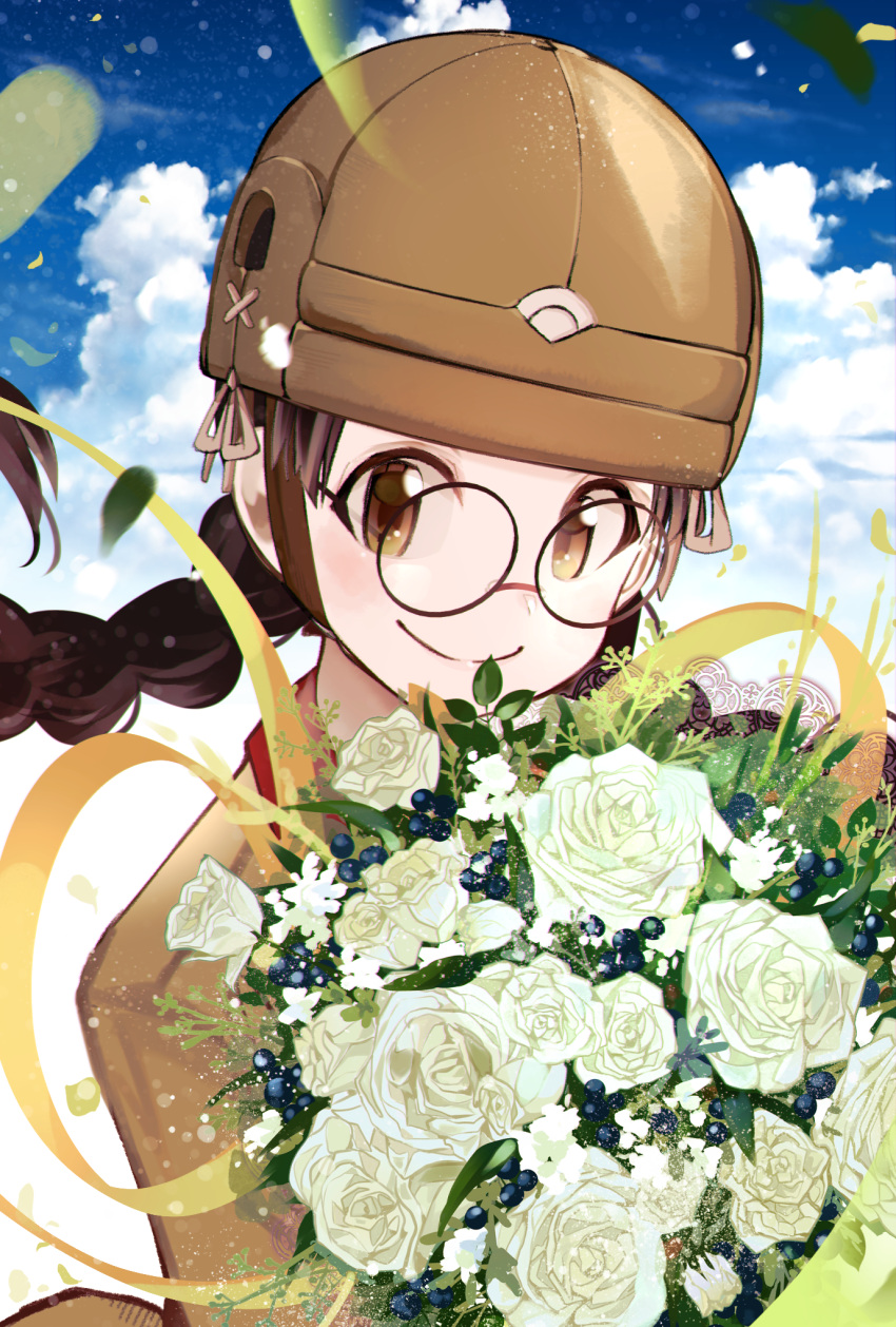 1girl atora_nack_r black-framed_eyewear black_hair blue_sky bouquet braid brown_eyes brown_helmet brown_jacket chi-hatan_military_uniform closed_mouth cloud cloudy_sky commentary day fukuda_haru girls_und_panzer glasses helmet highres holding holding_bouquet jacket long_hair long_sleeves looking_at_viewer low_twin_braids military_uniform outdoors round_eyewear sky smile solo twin_braids uniform wind