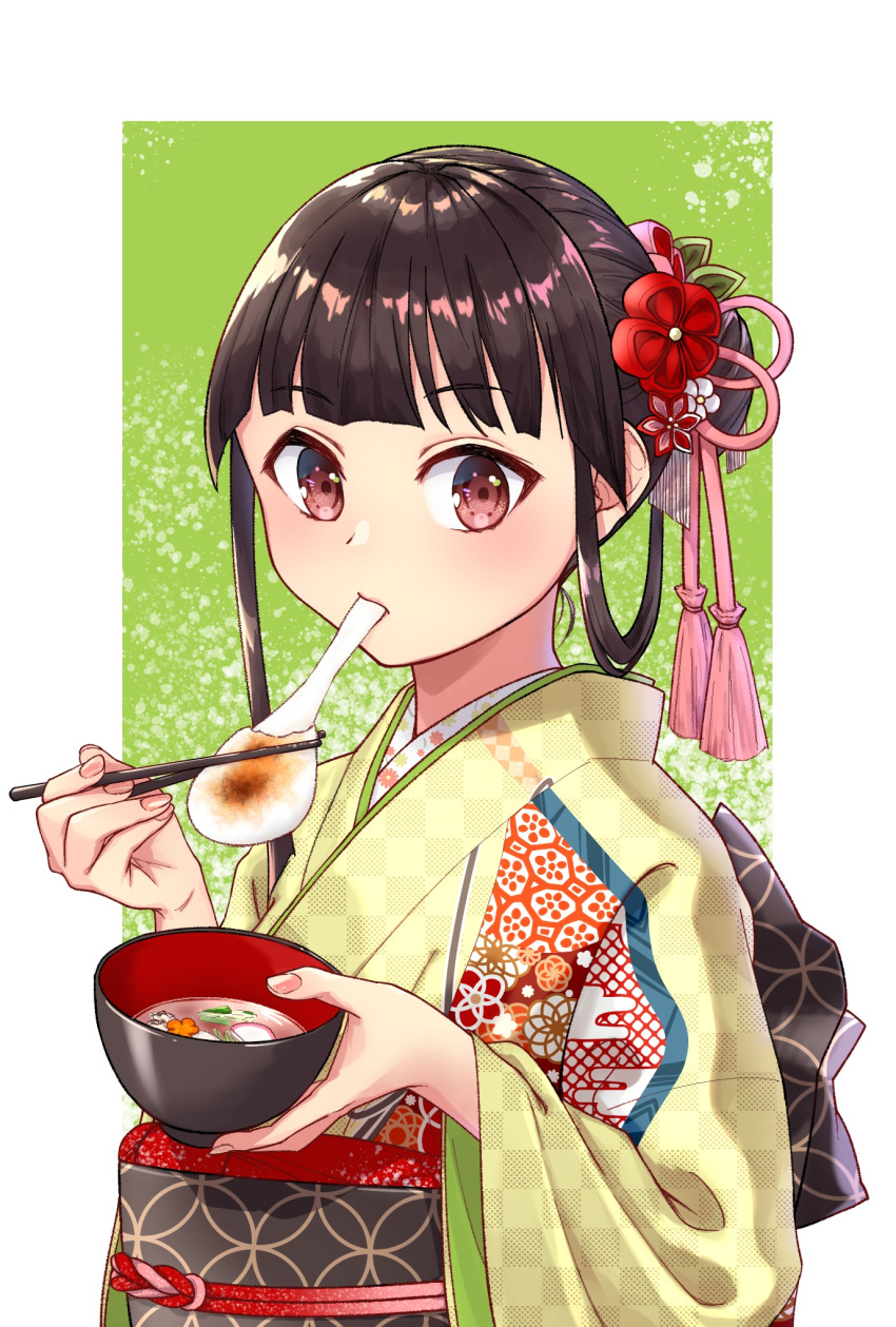 1girl bowl brown_eyes brown_hair chopsticks eating green_background hair_ornament hair_up highres holding holding_bowl japanese_clothes kimono looking_at_viewer nengajou new_year obi original sash teiku_(tokagezaurusu) upper_body wide_sleeves zouni_soup