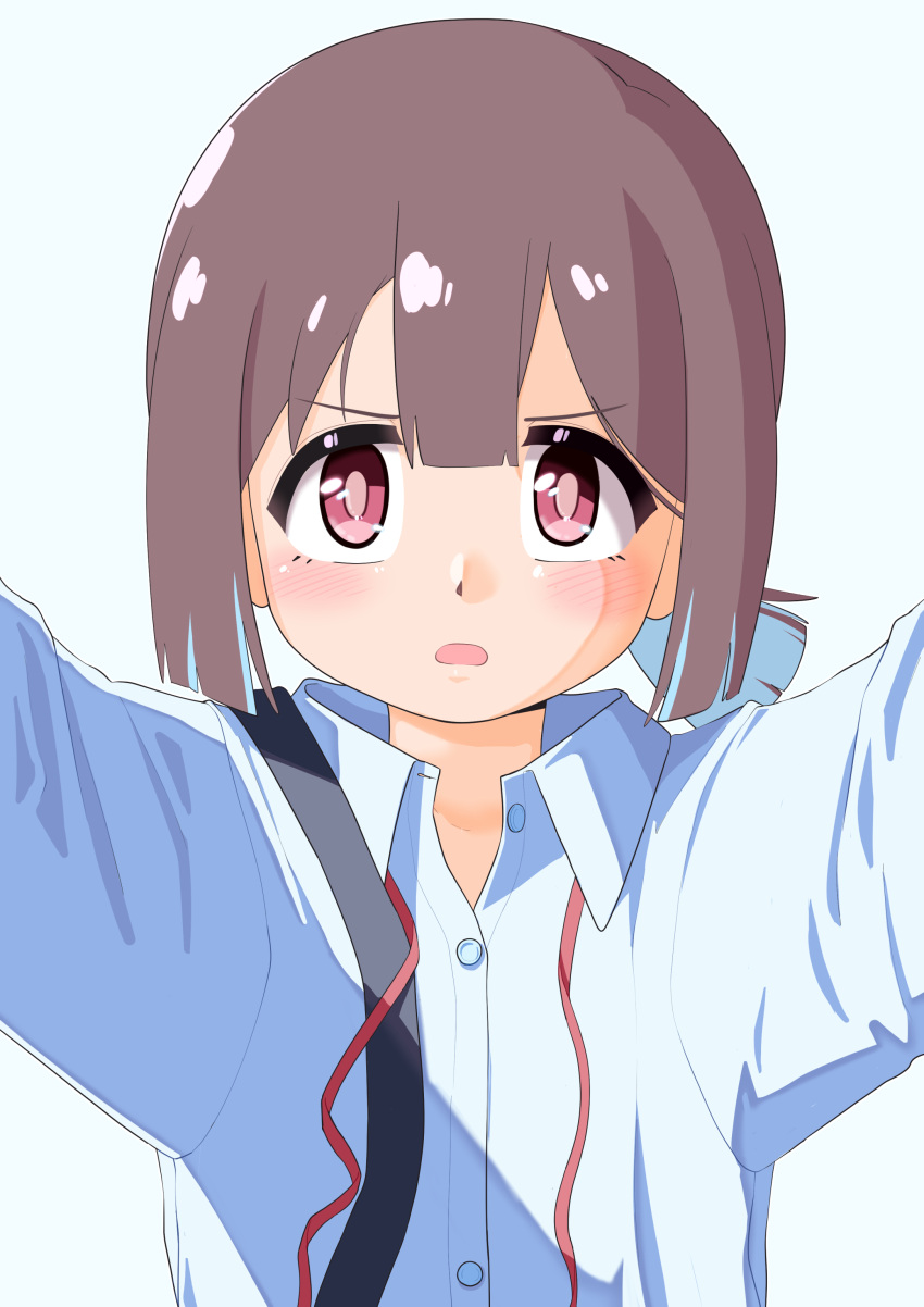 1girl absurdres blue_hair blunt_bangs blunt_ends brown_eyes brown_hair commentary dress_shirt happyundergate highres hozuki_momiji light_blush looking_at_viewer neck_ribbon onii-chan_wa_oshimai! open_mouth reaching reaching_towards_viewer red_ribbon ribbon school_uniform serious shirt short_hair short_ponytail simple_background solo suspenders undone_neck_ribbon upper_body white_background white_shirt wing_collar