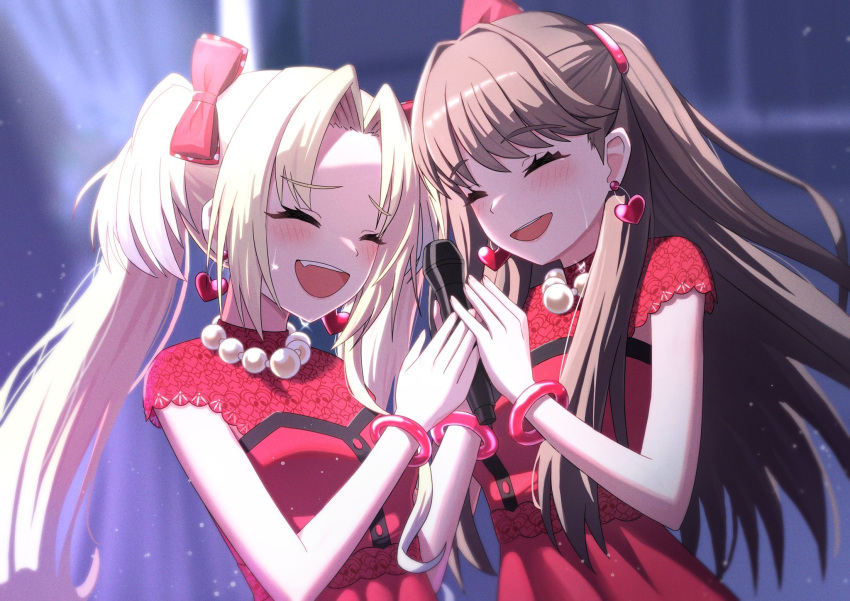 2girls bead_necklace beads blonde_hair blurry blurry_background blush bow breasts brown_hair closed_eyes commentary_request do!_do!_do!_(love_live!) dress dutch_angle earrings fang fujishima_megumi hair_bow hampem7 happy heart heart_earrings highres holding holding_microphone jewelry link!_like!_love_live! long_hair love_live! medium_breasts microphone mira-cra_park! multiple_girls necklace open_mouth osawa_rurino parted_bangs red_bow red_bracelet red_dress sleeveless sleeveless_dress smile tears teeth textless_version twintails two_side_up upper_body upper_teeth_only virtual_youtuber