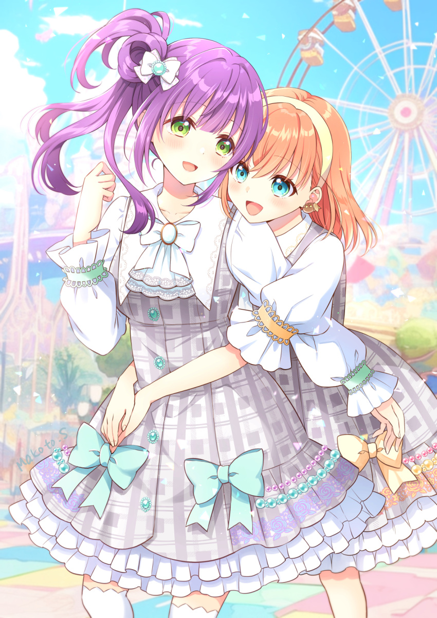 2girls amusement_park ascot blue_eyes blue_sky blurry blurry_background blush bow bowtie breasts cerise_bouquet cloud collared_dress commentary crossed_bangs dress dress_bow ferris_wheel floral_print_dress frilled_dress frills green_bow green_eyes grey_dress hair_bow hair_bun hairband hand_up highres hinoshita_kaho holiday_holiday_(love_live!) hug hug_from_behind link!_like!_love_live! lone_nape_hair long_hair long_sleeves looking_at_viewer love_live! medium_breasts medium_dress medium_hair multiple_girls orange_bow orange_hair otomune_kozue plaid plaid_dress puffy_long_sleeves puffy_sleeves purple_hair sakurai_makoto_(custom_size) side_ponytail sidelocks single_side_bun sky two_side_up virtual_youtuber white_ascot white_bow white_bowtie white_sleeves yellow_hairband