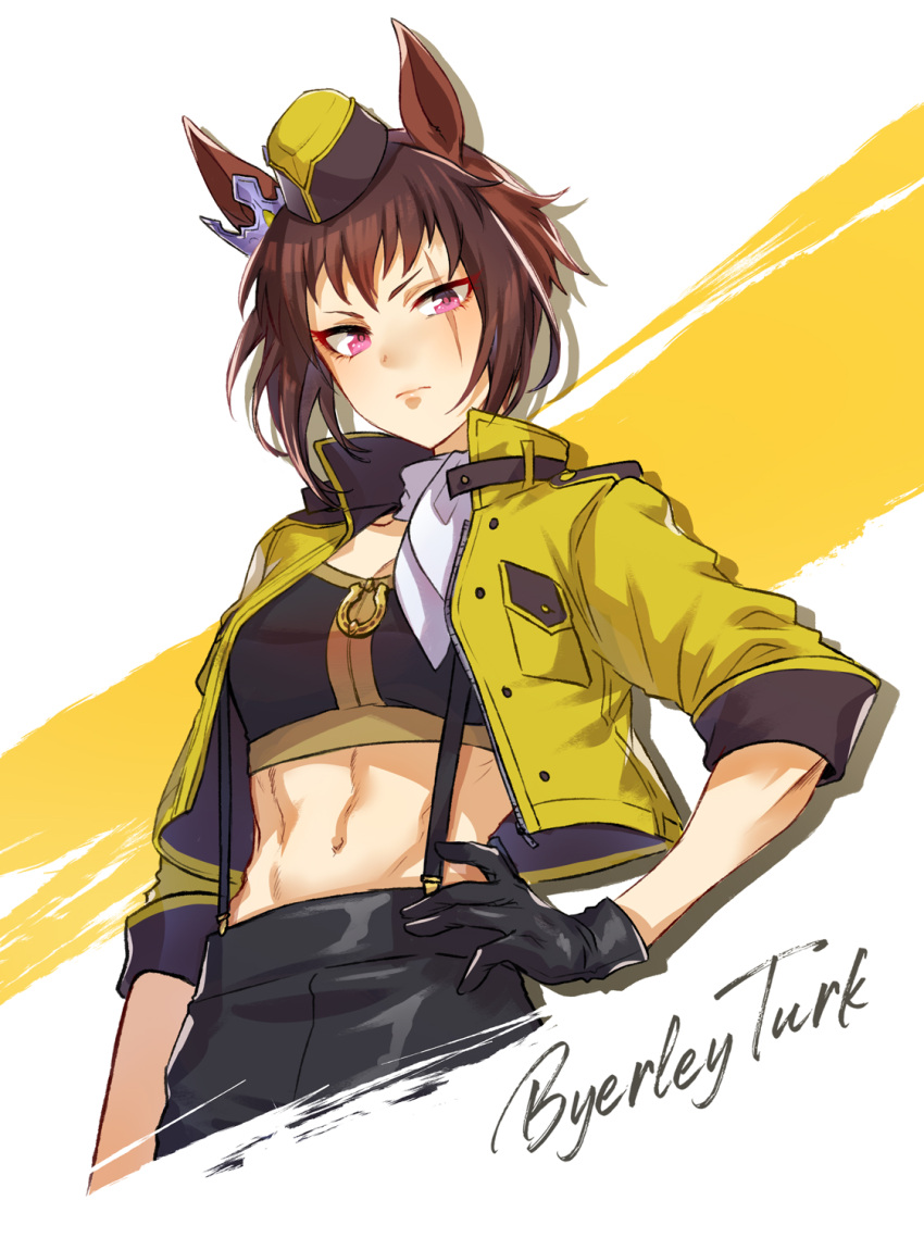 1girl abs animal_ears black_gloves black_pants breasts brown_hair byerley_turk_(umamusume) character_name cleavage closed_mouth commentary crop_top cropped_jacket garrison_cap gloves hand_on_own_hip hat highres horse_ears horse_girl hran_v0 jacket long_sleeves looking_at_viewer medium_breasts mommy_maro navel open_clothes open_jacket pants purple_eyes scar scar_across_eye solo suspenders two-tone_background umamusume white_background yellow_background yellow_hat yellow_jacket