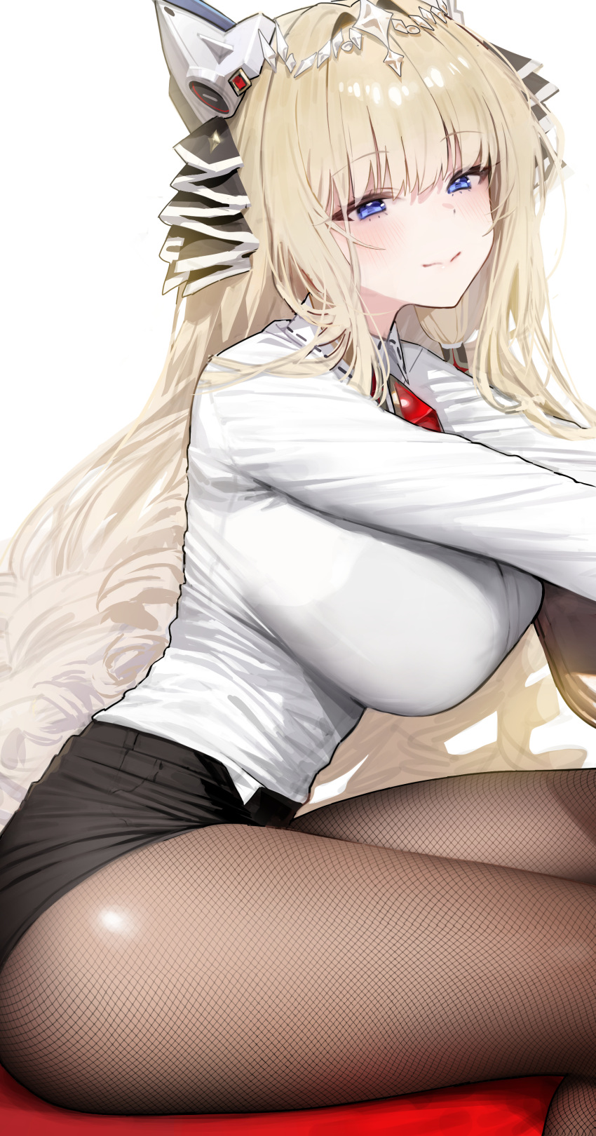 1girl absurdres black_shorts blonde_hair blue_eyes blush breasts brown_pantyhose closed_mouth crown_(nikke) fishnet_pantyhose fishnets from_side goddess_of_victory:_nikke hair_ornament highres large_breasts long_hair long_sleeves looking_at_viewer looking_to_the_side mochirong pantyhose shirt shirt_tucked_in short_shorts shorts simple_background sitting smile solo thighs white_background white_shirt