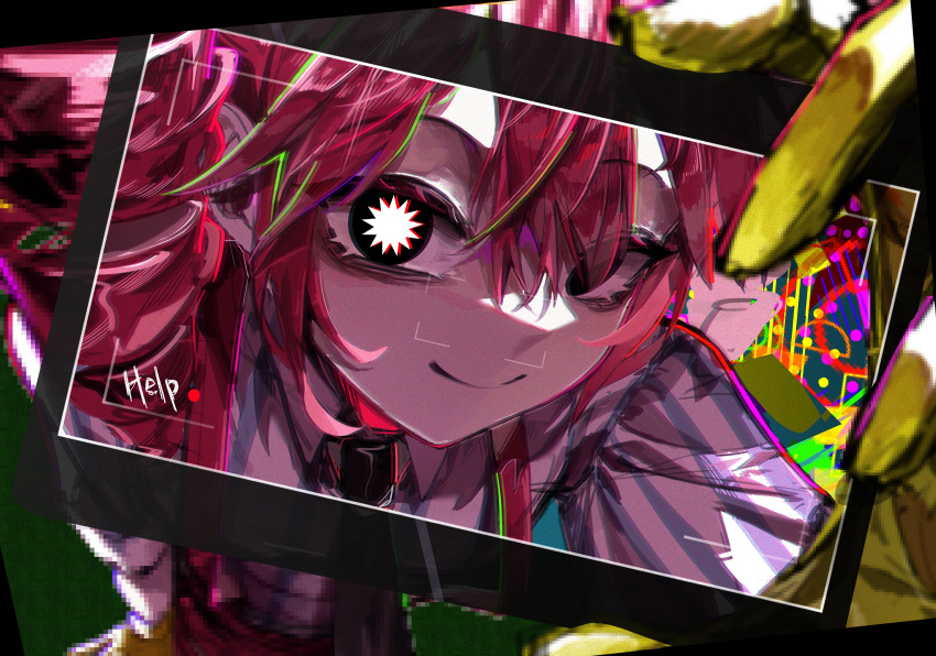 1girl absurdres black_eyes black_necktie closed_mouth collared_shirt drill_hair gloves highres kasane_teto looking_at_viewer mesmerizer_(vocaloid) necktie pants pink_hair pink_pants shirt smile solo striped_clothes striped_shirt symbol_in_eye tel_teh twin_drills upper_body utau yellow_gloves