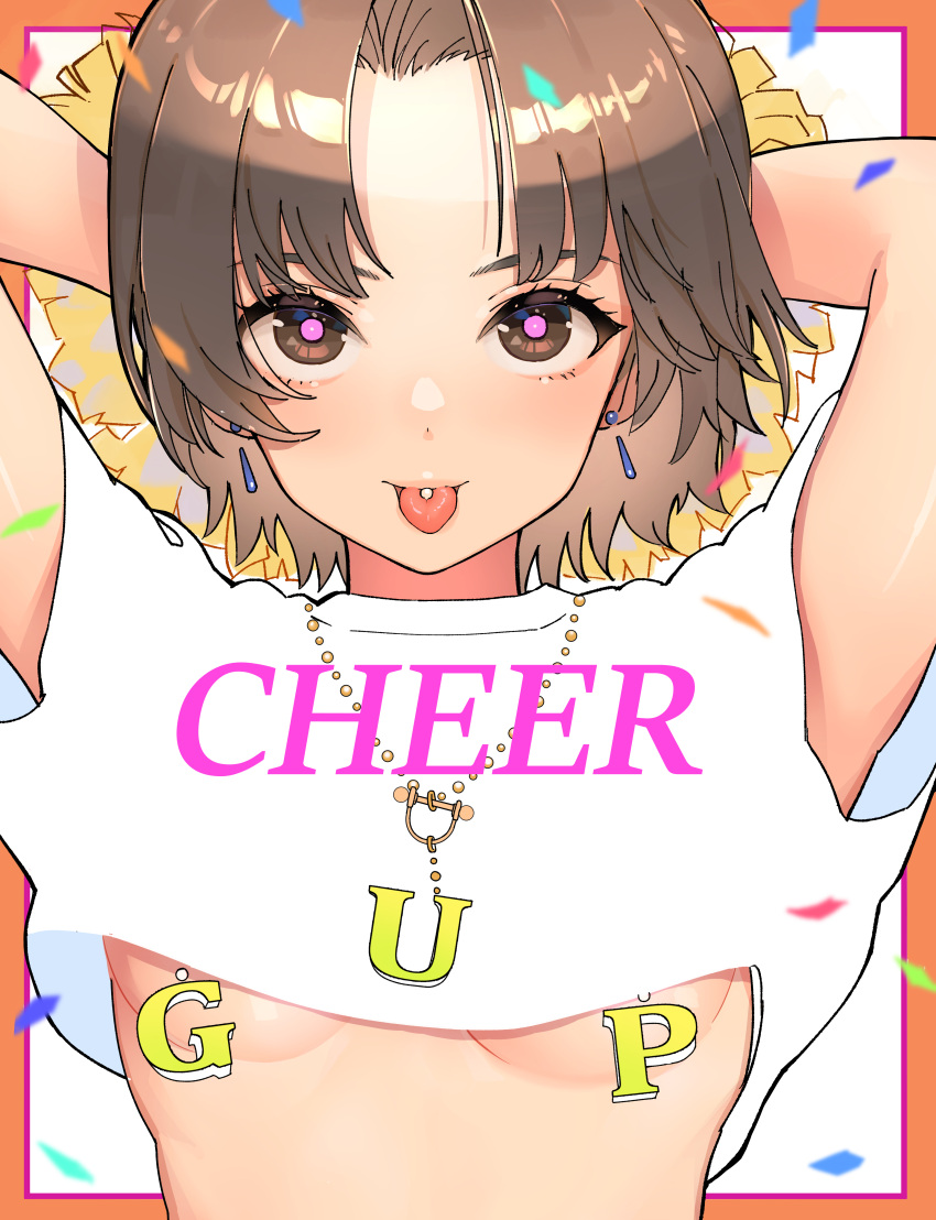 1girl absurdres arms_behind_head arms_up breasts brown_eyes brown_hair commentary confetti cropped_shirt earrings english_text girls_und_panzer highres holding holding_pom_poms jewelry looking_at_viewer nipple_piercing oshiri_seijin parted_bangs piercing pink_pupils pom_pom_(cheerleading) sawa_azusa shirt short_hair short_sleeves small_breasts smile solo t-shirt tongue tongue_out tongue_piercing underboob white_shirt