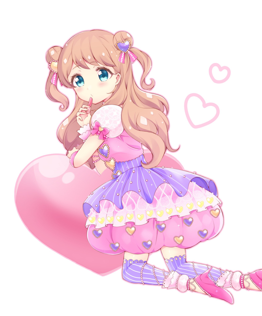 1girl absurdres blue_eyes brown_hair bubble_skirt cosmetics double_bun dress full_body hair_bun hair_ornament heart heart_hair_ornament high_heels highres holding holding_lipstick_tube kanamori_maria kiratto_pri_chan kneeling lipstick_tube long_hair looking_at_viewer looking_back pink_dress pink_footwear pretty_series puffy_short_sleeves puffy_sleeves purple_thighhighs shoes short_sleeves skirt solo thighhighs third-party_source two_side_up usanta white_background