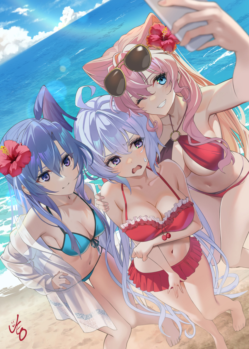 3girls ahoge barefoot beach bikini blue_bikini blue_eyes blue_hair blush breasts cleavage closed_mouth cloud cloudy_sky commentary_request day embarrassed eyewear_on_head feet_out_of_frame flower frilled_bikini frills full_body grey_hair hair_between_eyes hair_ears hair_flower hair_ornament highres holding holding_phone kazanari_tsubasa large_breasts long_hair looking_at_viewer maria_cadenzavna_eve medium_breasts multiple_girls navel o-ring o-ring_bikini o-ring_top ocean one_eye_closed one_side_up open_mouth outdoors phone pink_hair purple_eyes red_bikini senki_zesshou_symphogear sky small_sweatdrop smile standing stomach sunglasses swimsuit teeth ueyasu very_long_hair yukine_chris