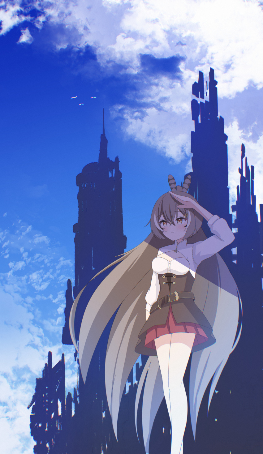 1girl bare_legs belt brown_corset brown_eyes brown_hair cityscape cleavage_cutout clothing_cutout cloud cloudy_sky corset feather_hair_ornament feathers feet_out_of_frame hair_between_eyes hair_ornament highres hololive hololive_english kawaiipony2 long_hair multicolored_hair nanashi_mumei nanashi_mumei_(1st_costume) pleated_skirt ponytail red_skirt salute shadow shirt skirt sky streaked_hair very_long_hair virtual_youtuber white_shirt