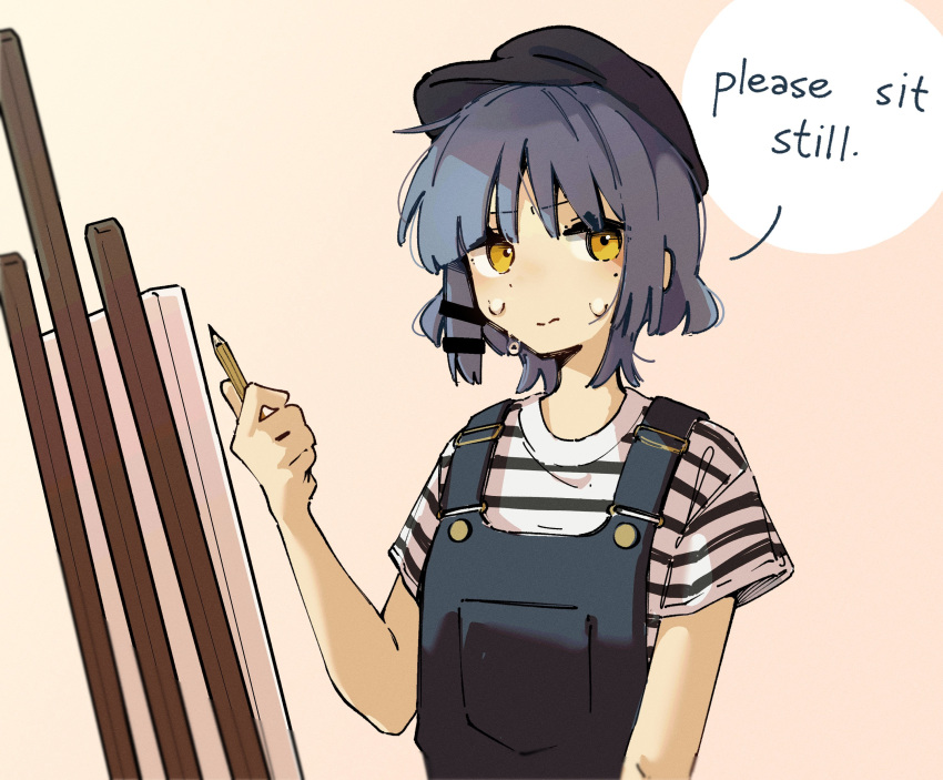 1girl absurdres alternate_costume black_hat blue_hair bocchi_the_rock! canvas_(object) hair_ornament hat highres holding holding_pencil looking_at_viewer machuuu68 medium_hair pencil shirt simple_background striped_clothes striped_shirt yamada_ryo yellow_eyes