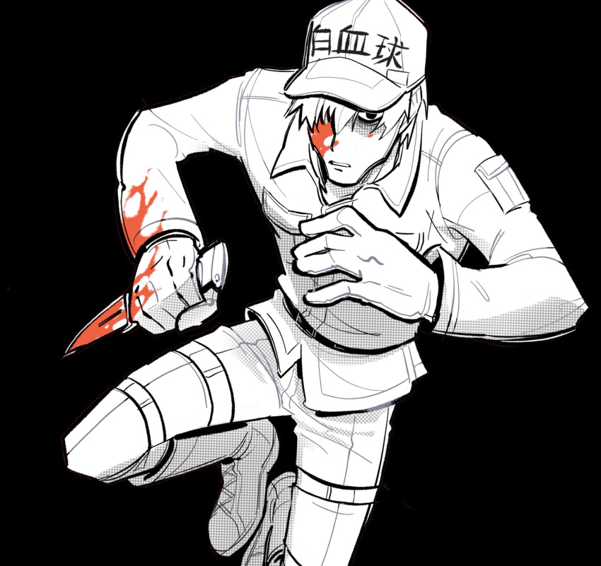 1boy baseball_cap black_background blood blood_on_arm blood_on_face blood_on_knife boots collared_jacket english_commentary gloves hair_over_one_eye hands_up hat hataraku_saibou highres holding holding_knife jacket knife long_sleeves looking_at_viewer male_focus pants robodumpling short_hair simple_background solo spot_color thigh_strap u-1146 uniform white_blood_cell_(hataraku_saibou)