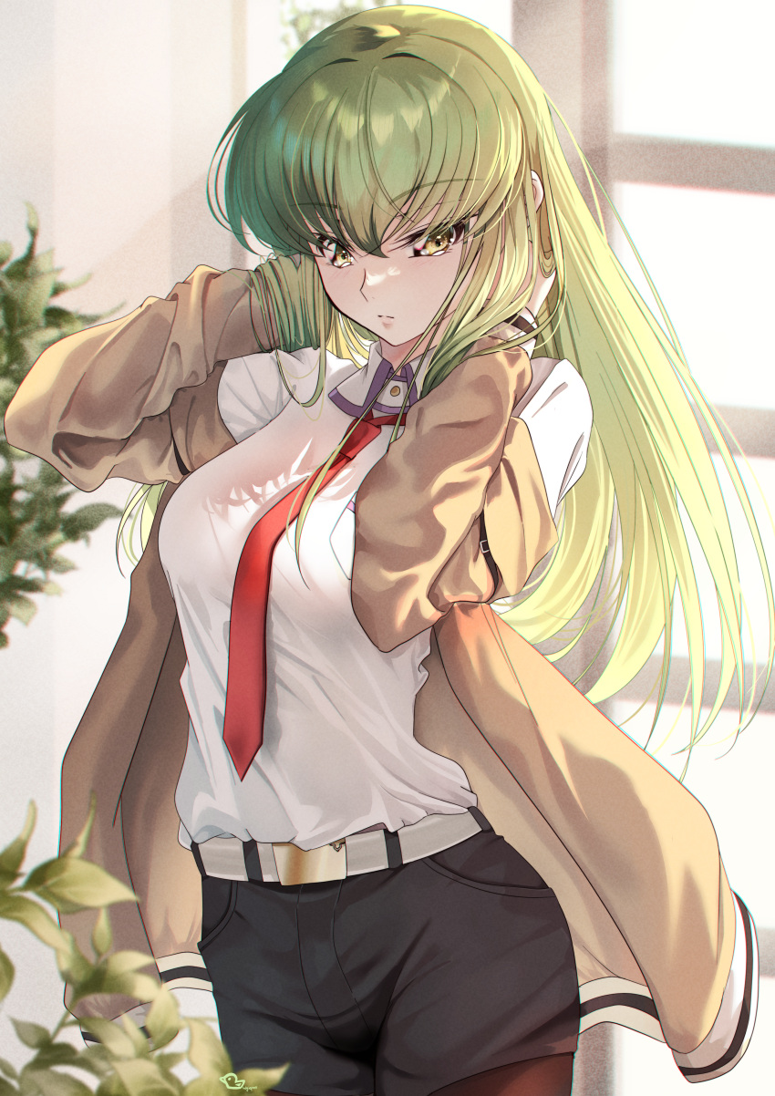 1girl absurdres alternate_costume belt black_skirt breasts brown_jacket budgiepon c.c. code_geass collar commentary expressionless green_hair hand_up hands_in_hair highres holding holding_hair indoors jacket long_hair long_sleeves looking_at_viewer makise_kurisu necktie pantyhose plant shirt skirt solo steins;gate sunlight translated very_long_hair white_belt white_shirt window yellow_eyes